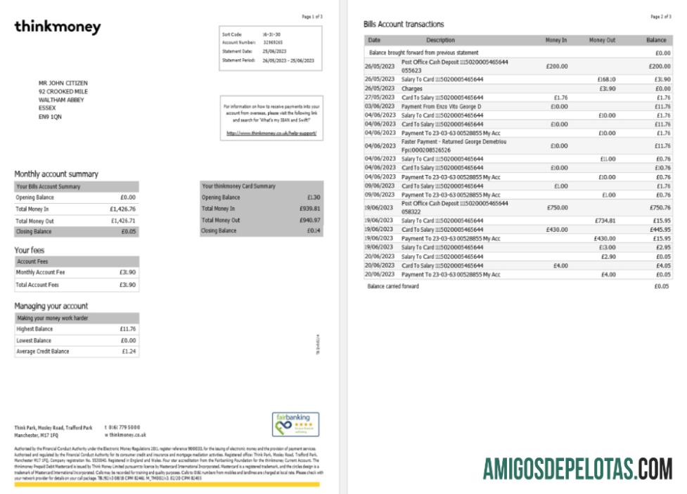 imprimível Reino Unido Think Money Extrato bancário modelo Word e PDF, 3 páginas 1 2 SCR